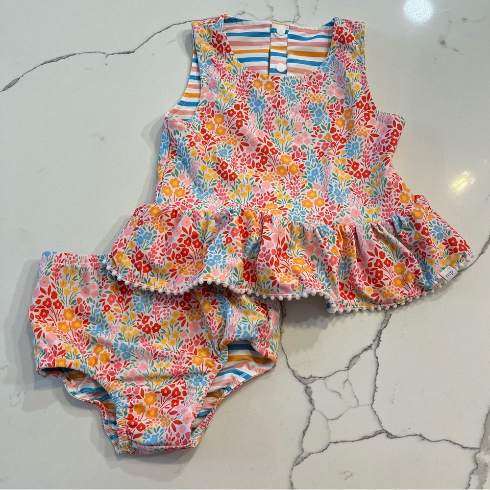 Mud Pie Floral And Stripe Girl's Swimsuit Set kids size 4T reversible swim